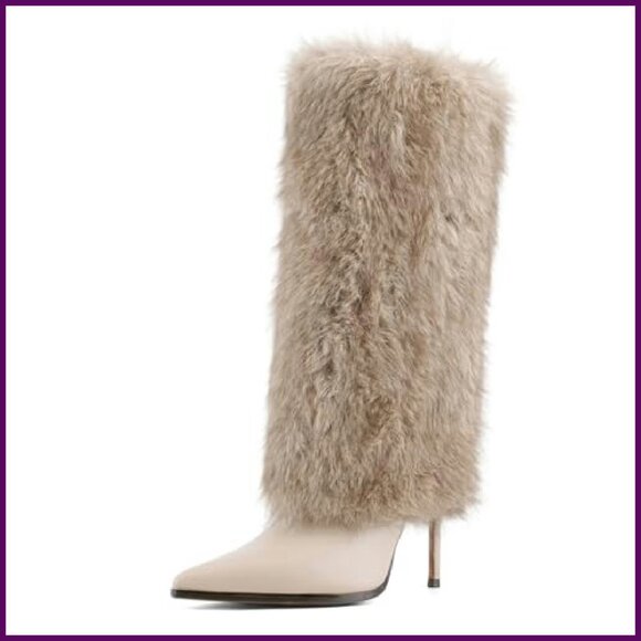 Knee High Faux Fur Boots Pointed Toe Stiletto Heels Winter Fashion - Picture 2 of 8